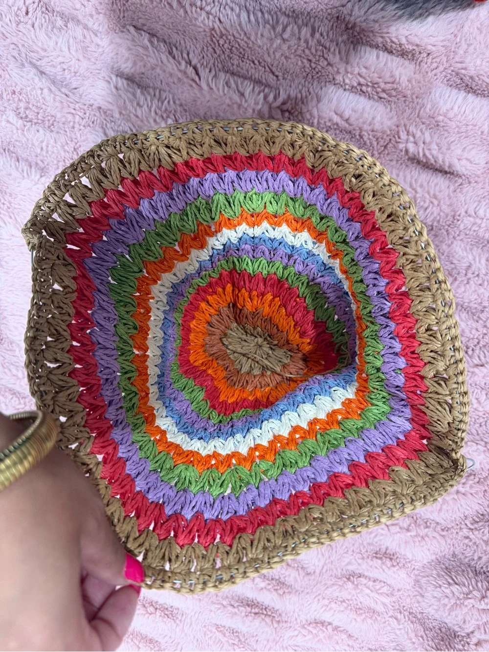 Handwoven Multicolor Crochet Bucket Hat with Natural Brim
